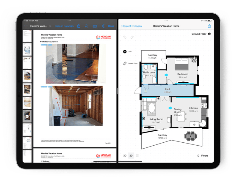 Water damage site report documentation on an ipad with a magicplan floor plan and report pdf with images of the property with water damage