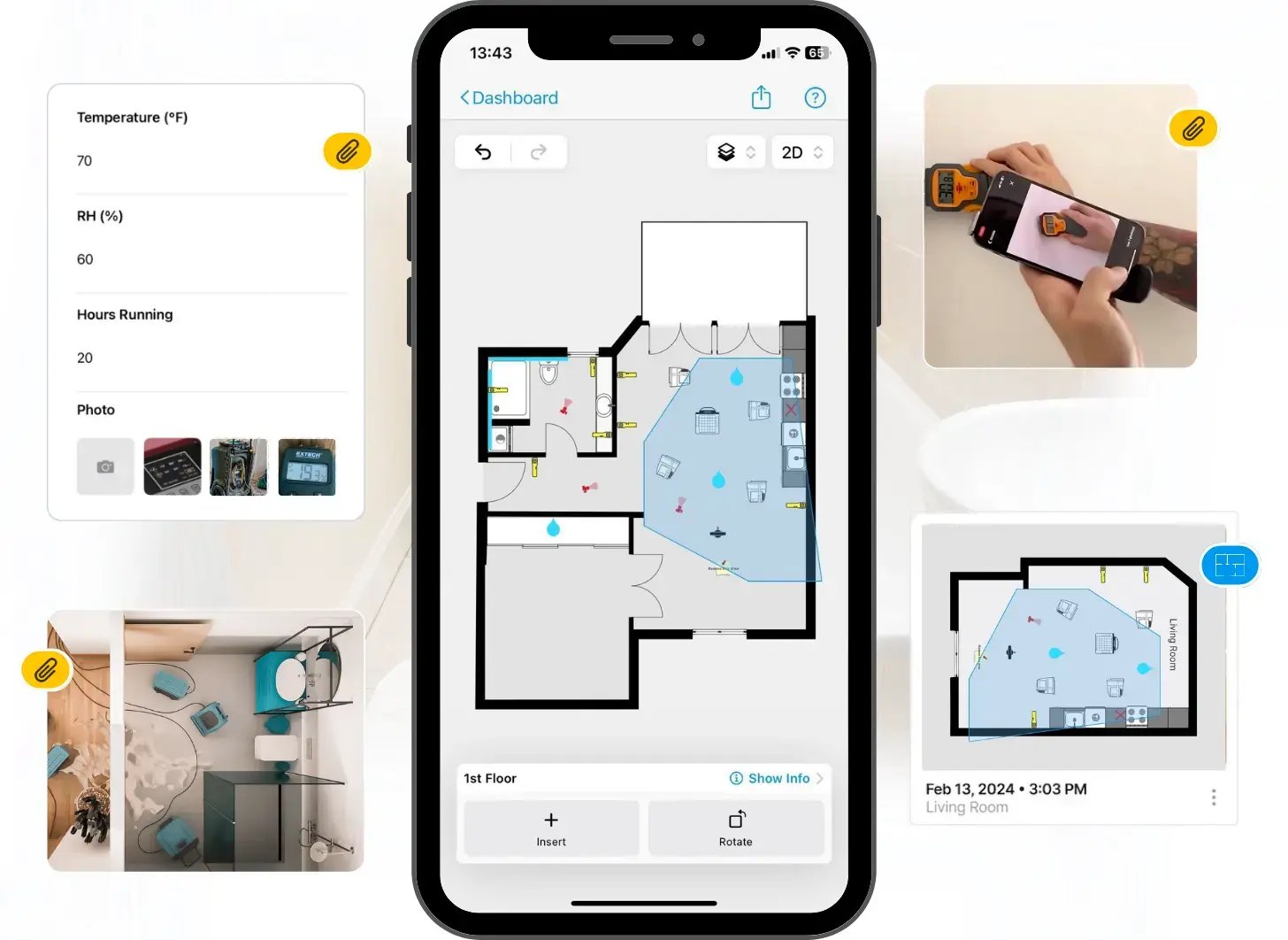 water damage mitigation job documentation on iphone with sketch, drying logs, moisture mapping and drying equipment documentation